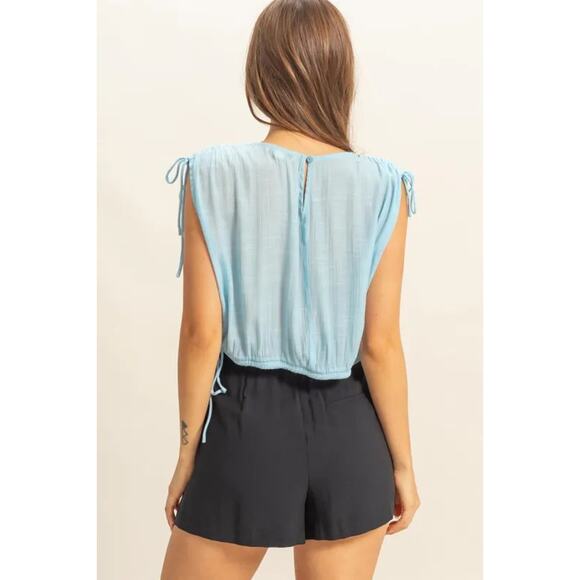 HYFVE Bubble Hem Side Tie Detail Round Neck Sleeveless Casual Blouse | Mint Blue - Picture 3 of 5